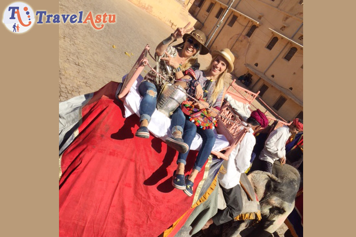 Travel Astu guests Gabriela and Sofia enjoying Elephant ride at Amber Fort
