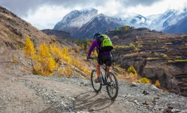Biker girl in Himalaya mountains, Anapurna region